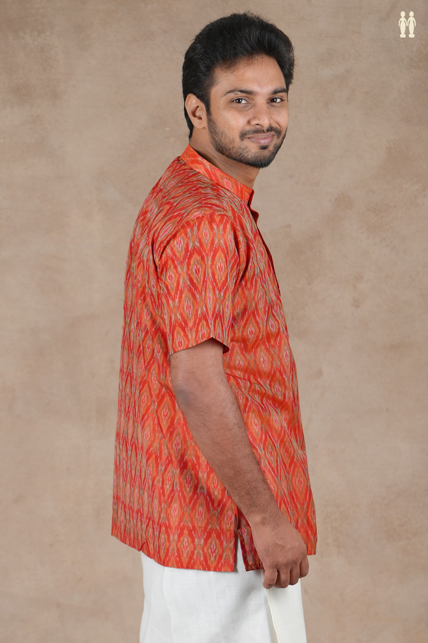 Chinese Collar Ikat Design Orange Pochampally Short Kurta