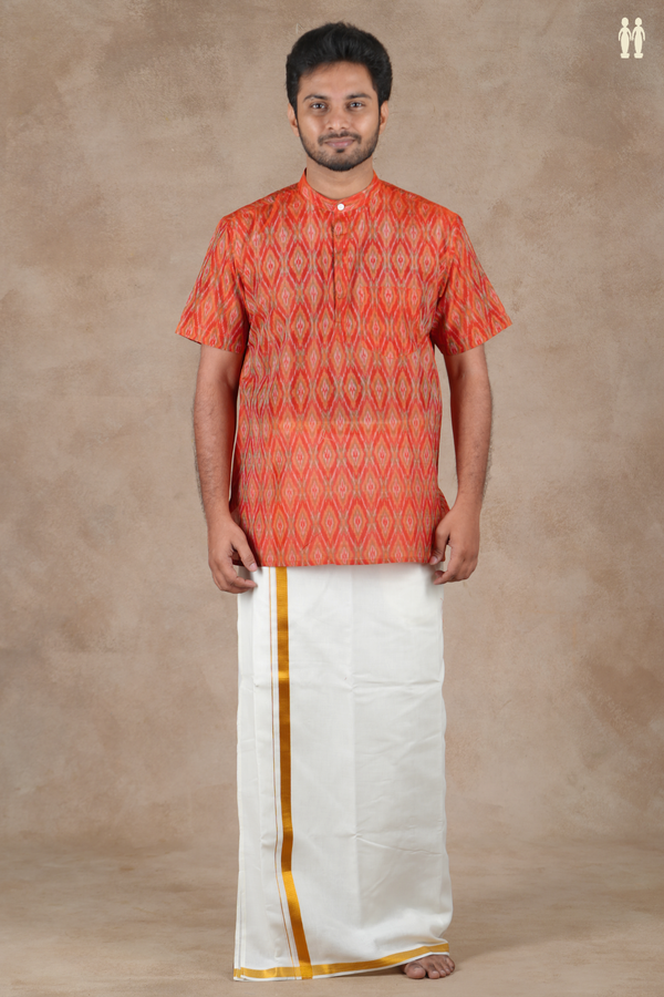 Chinese Collar Ikat Design Orange Pochampally Short Kurta