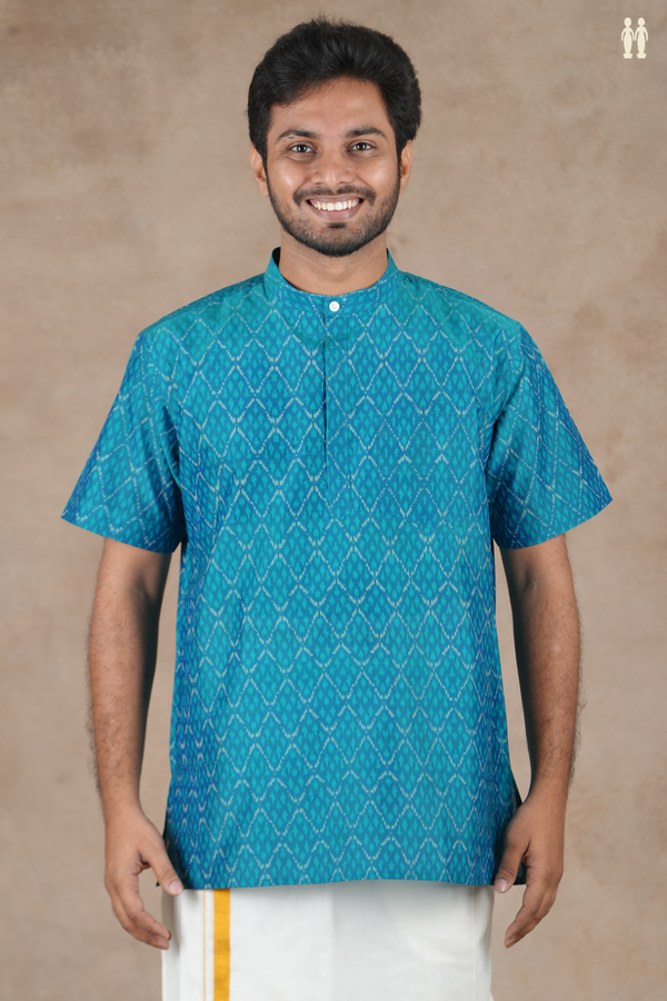 Chinese Collar Ikat Design Blue Pochampally Short Kurta