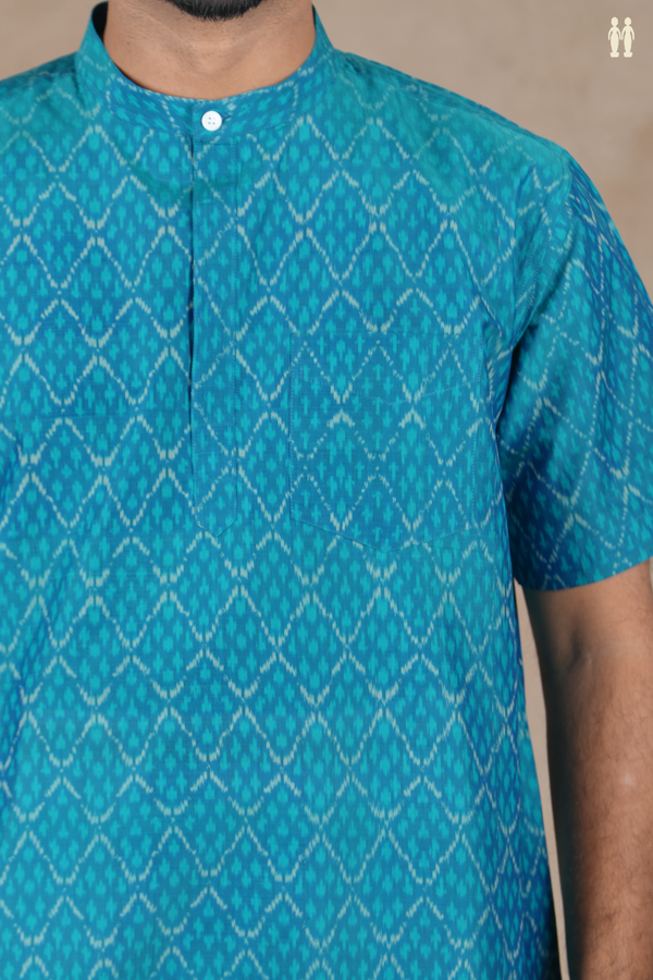 Chinese Collar Ikat Design Blue Pochampally Short Kurta