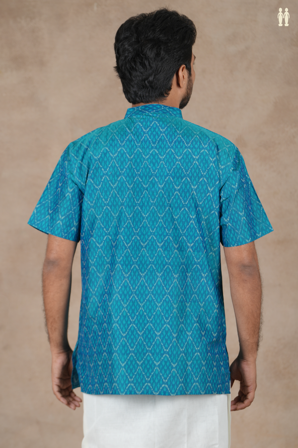 Chinese Collar Ikat Design Blue Pochampally Short Kurta