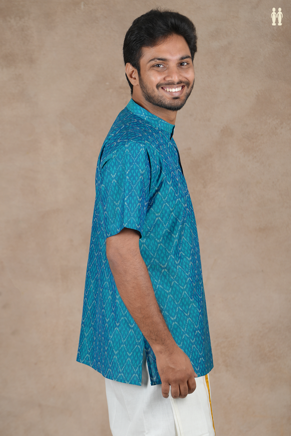 Chinese Collar Ikat Design Blue Pochampally Short Kurta