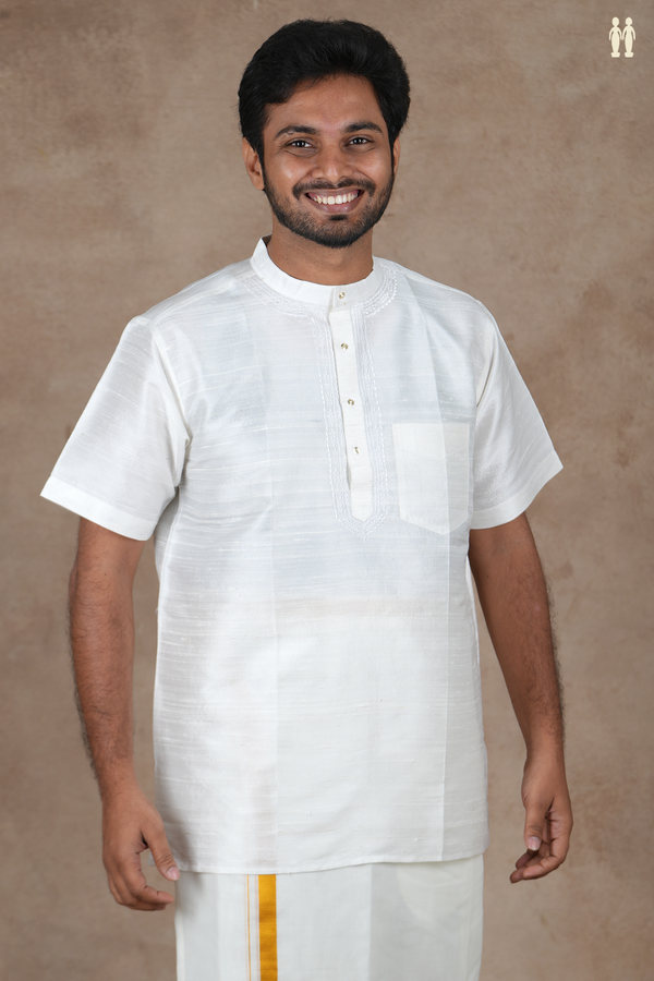 Chinese Collar Plain White Raw Silk Short Kurta
