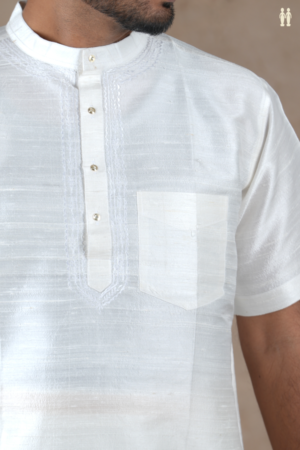 Chinese Collar Plain White Raw Silk Short Kurta