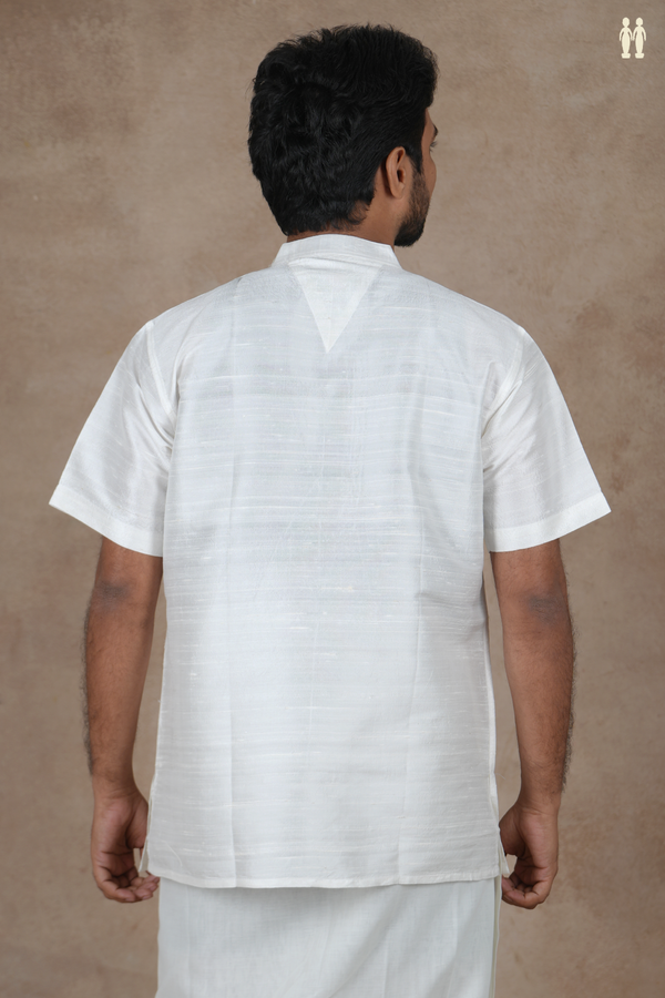 Chinese Collar Plain White Raw Silk Short Kurta
