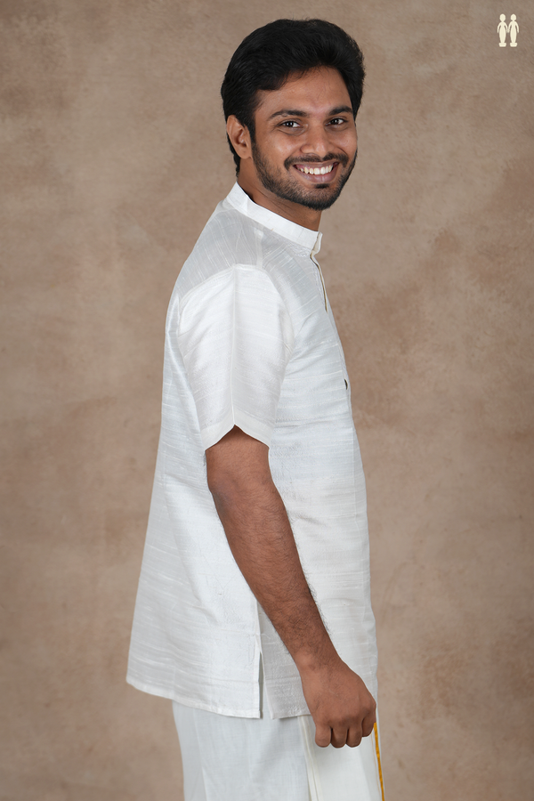 Chinese Collar Plain White Raw Silk Short Kurta