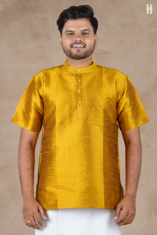 Chinese Collar Plain Golden Yellow Raw Silk Short Kurta