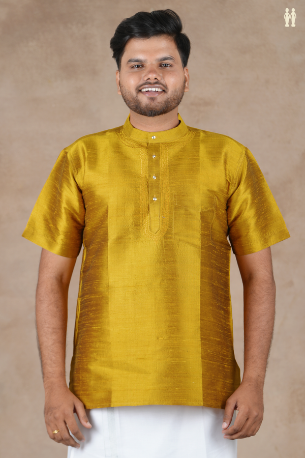 Chinese Collar Plain Golden Yellow Raw Silk Short Kurta