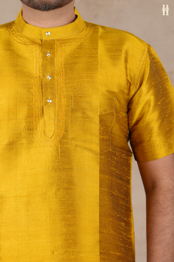 Chinese Collar Plain Golden Yellow Raw Silk Short Kurta