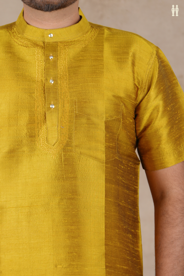 Chinese Collar Plain Golden Yellow Raw Silk Short Kurta
