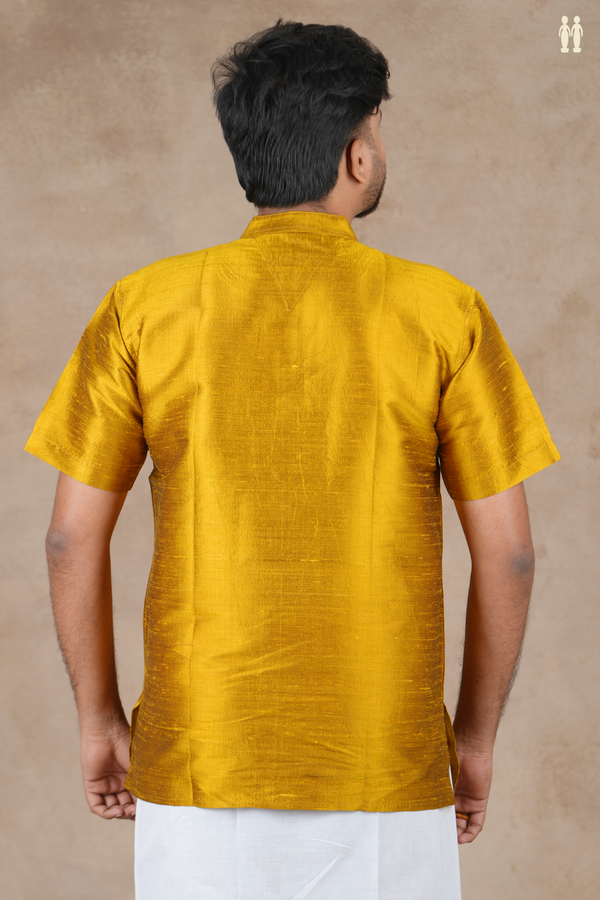 Chinese Collar Plain Golden Yellow Raw Silk Short Kurta