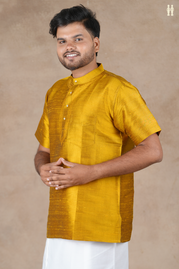 Chinese Collar Plain Golden Yellow Raw Silk Short Kurta