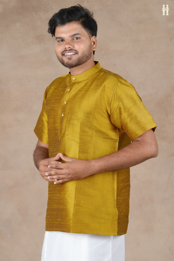 Chinese Collar Plain Golden Yellow Raw Silk Short Kurta
