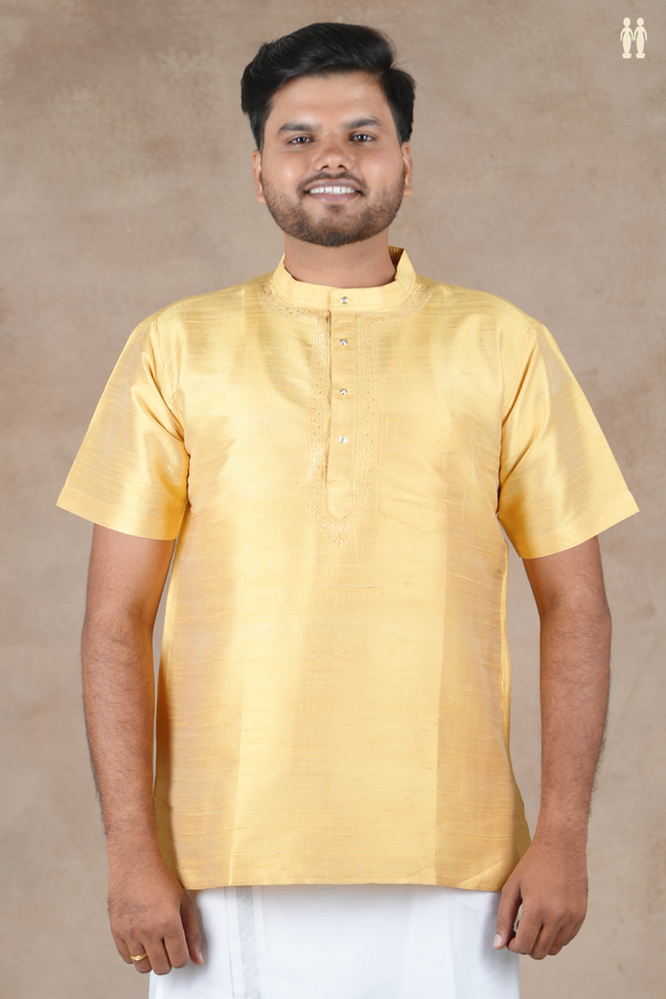 Chinese Collar Plain Yellow Raw Silk Short Kurta