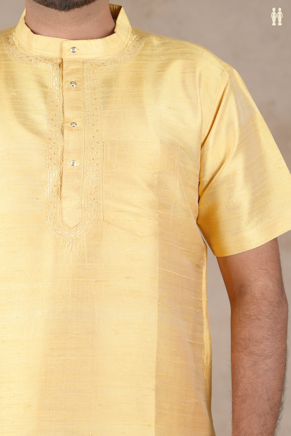 Chinese Collar Plain Yellow Raw Silk Short Kurta