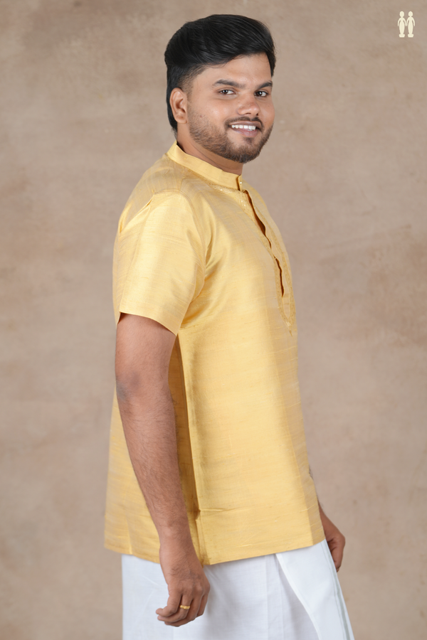 Chinese Collar Plain Yellow Raw Silk Short Kurta