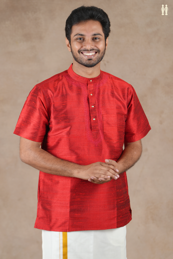 Chinese Collar Plain Scarlet Red Raw Silk Short Kurta