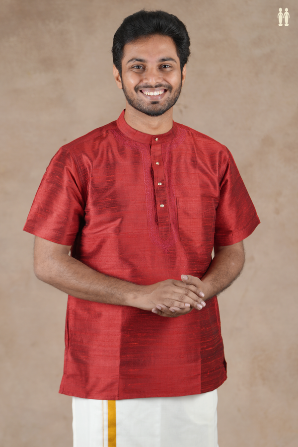 Chinese Collar Plain Scarlet Red Raw Silk Short Kurta