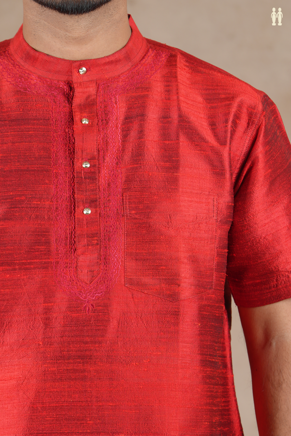 Chinese Collar Plain Scarlet Red Raw Silk Short Kurta