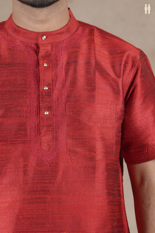 Chinese Collar Plain Scarlet Red Raw Silk Short Kurta