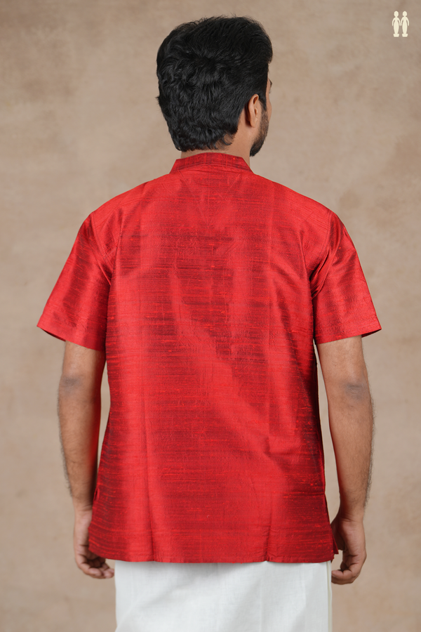 Chinese Collar Plain Scarlet Red Raw Silk Short Kurta