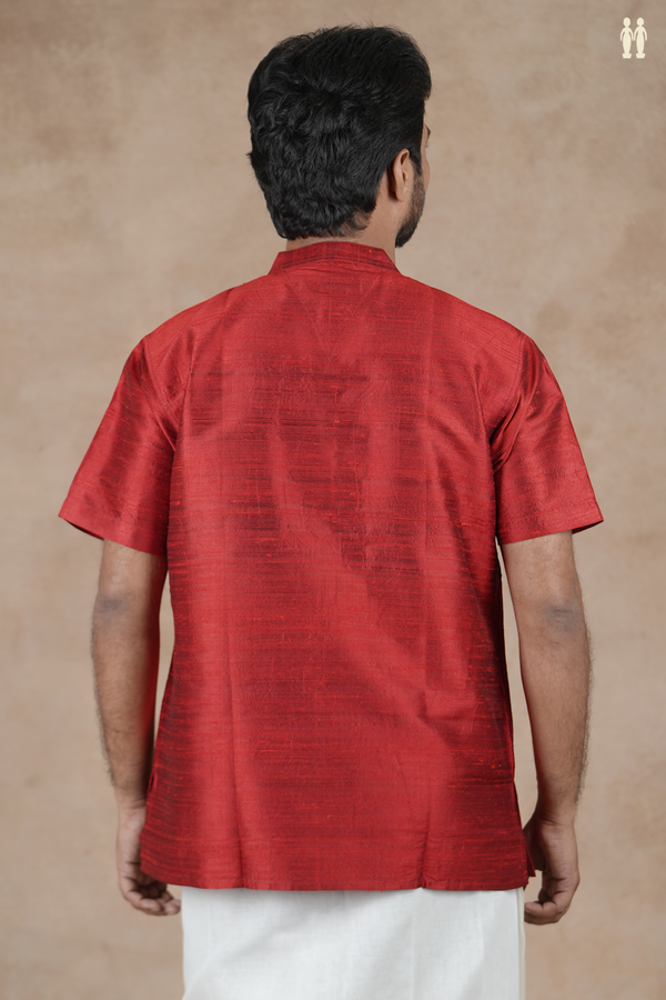 Chinese Collar Plain Scarlet Red Raw Silk Short Kurta