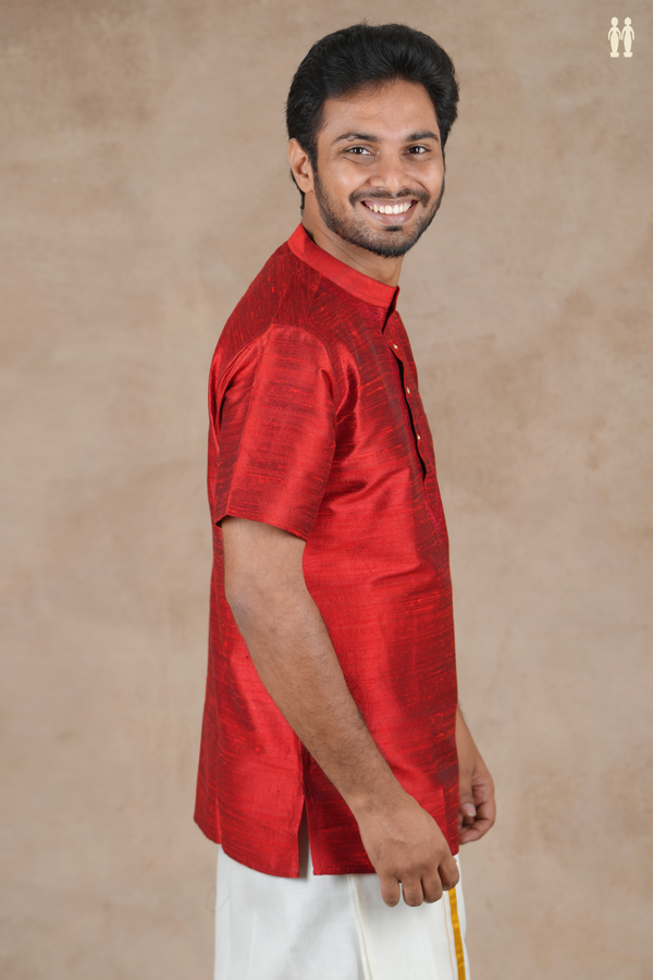 Chinese Collar Plain Scarlet Red Raw Silk Short Kurta