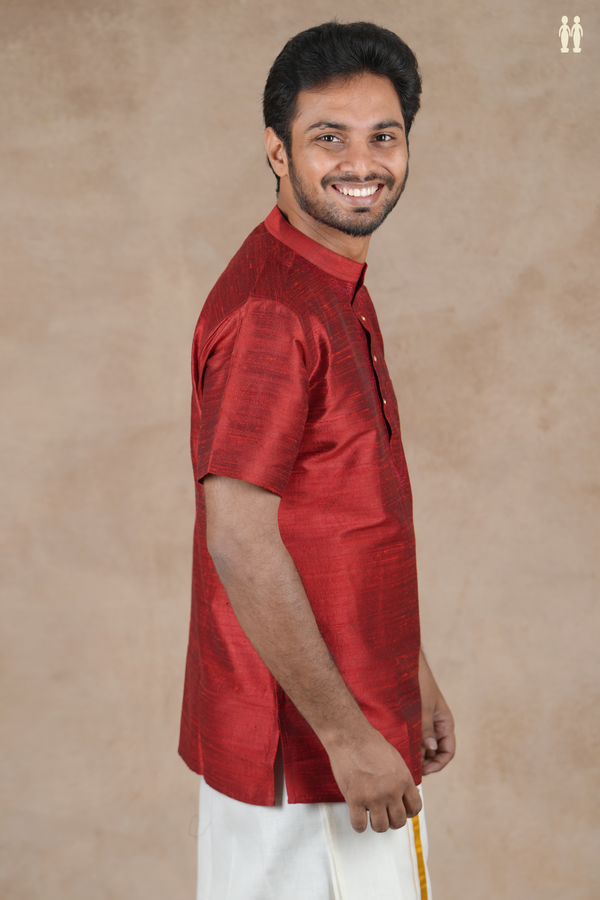 Chinese Collar Plain Scarlet Red Raw Silk Short Kurta