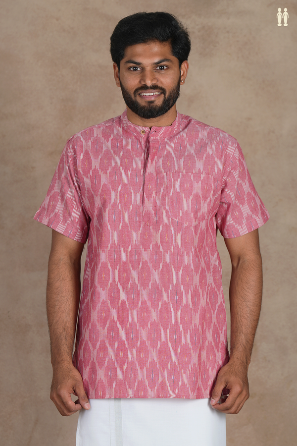 Chinese Collar Ikat Design Dusty Pink Cotton Short Kurta