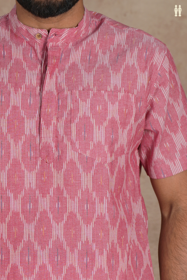 Chinese Collar Ikat Design Dusty Pink Cotton Short Kurta