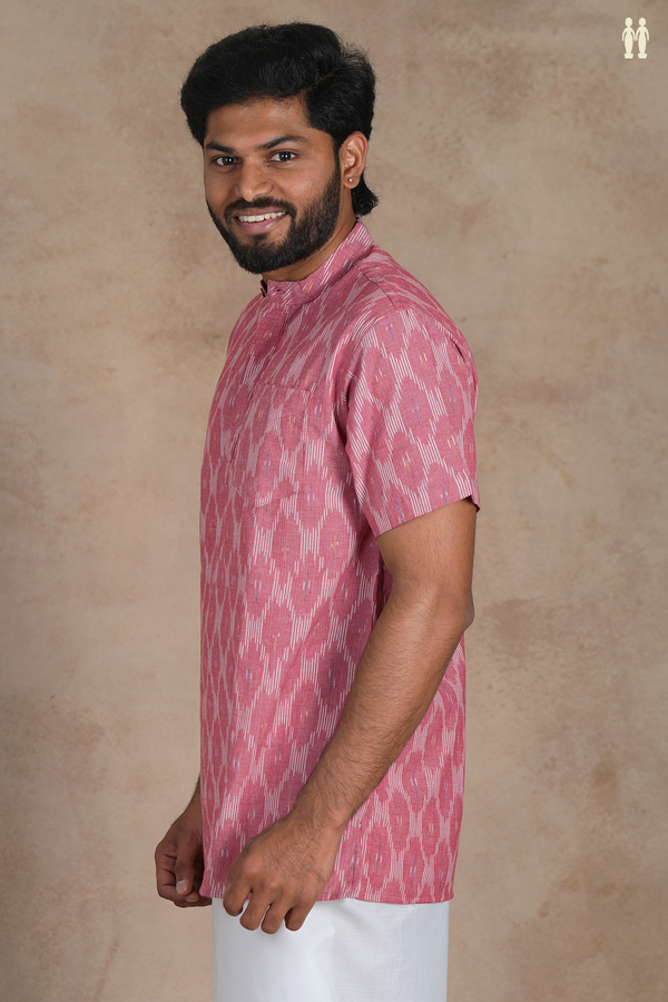 Chinese Collar Ikat Design Dusty Pink Cotton Short Kurta