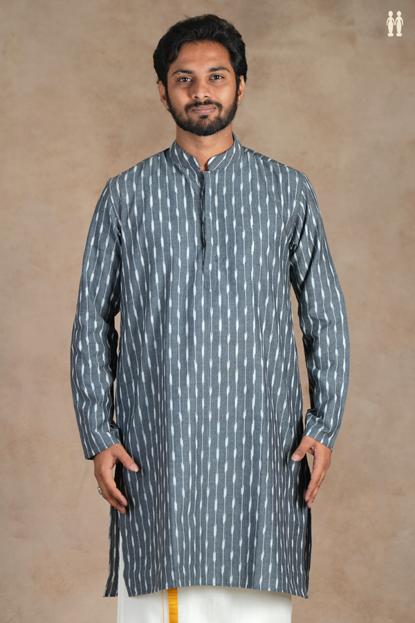 Chinese Collar Stripes Design Grey Ikat Cotton Long Kurta