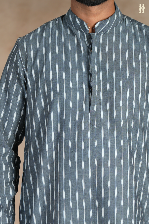 Chinese Collar Stripes Design Grey Ikat Cotton Long Kurta