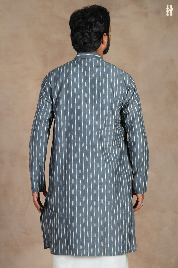 Chinese Collar Stripes Design Grey Ikat Cotton Long Kurta