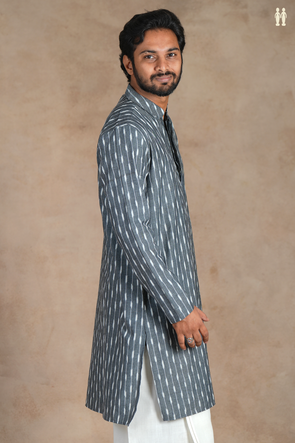 Chinese Collar Stripes Design Grey Ikat Cotton Long Kurta