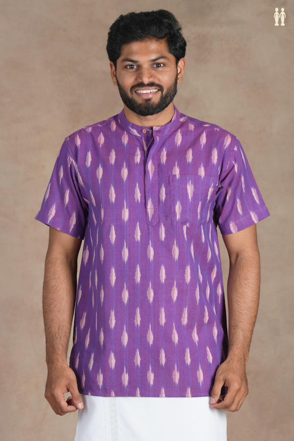 Chinese Collar Ikat Buttas Purple Cotton Short Kurta