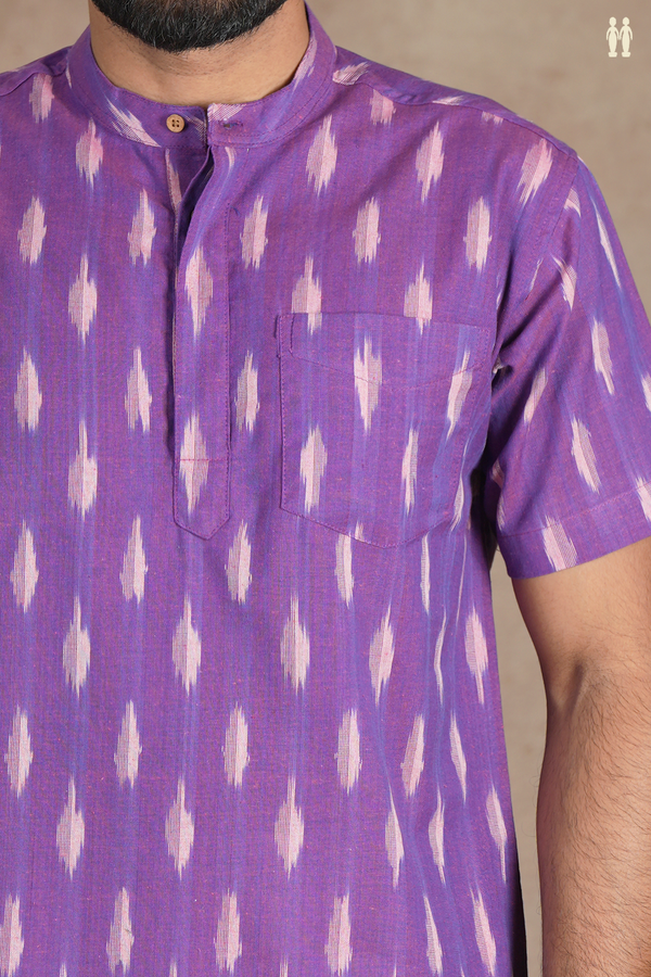 Chinese Collar Ikat Buttas Purple Cotton Short Kurta