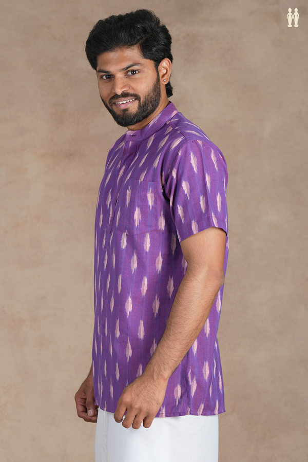 Chinese Collar Ikat Buttas Purple Cotton Short Kurta