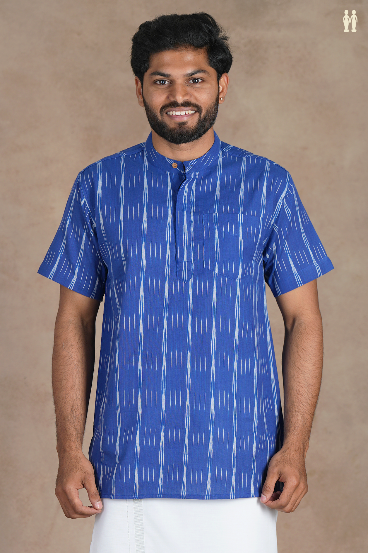 Chinese Collar Stripes Design Royal Blue Cotton Short Kurta