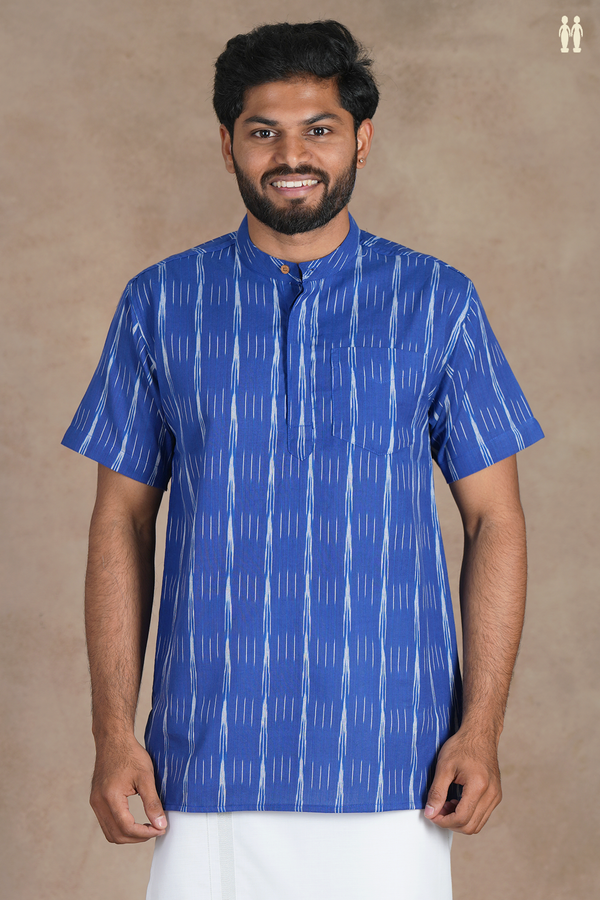 Chinese Collar Stripes Design Royal Blue Cotton Short Kurta