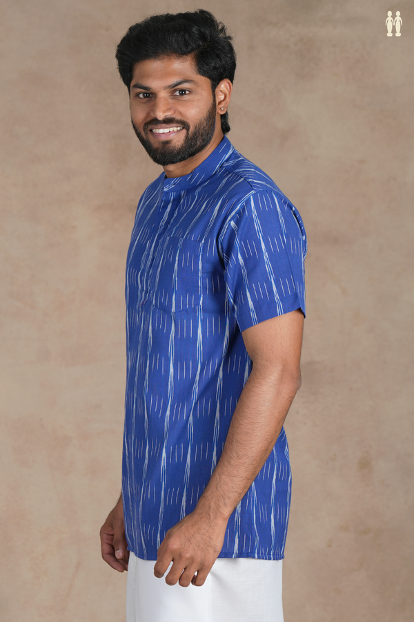 Chinese Collar Stripes Design Royal Blue Cotton Short Kurta