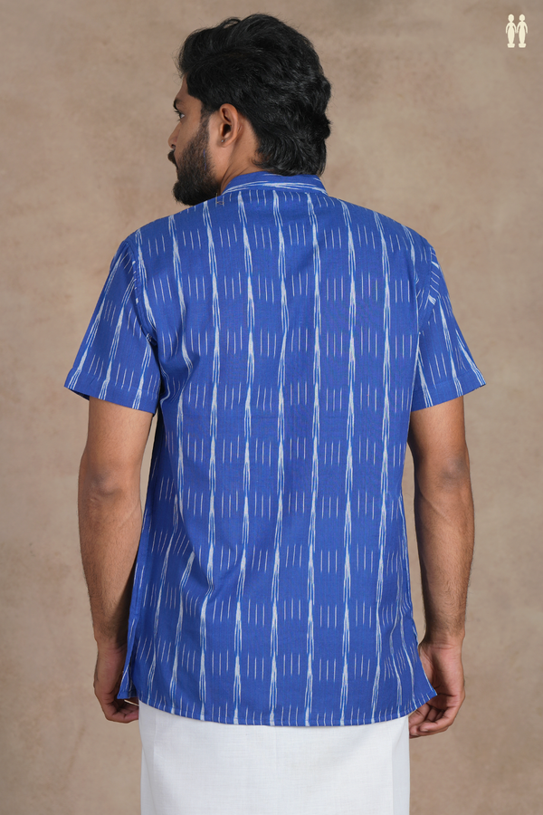 Chinese Collar Stripes Design Royal Blue Cotton Short Kurta