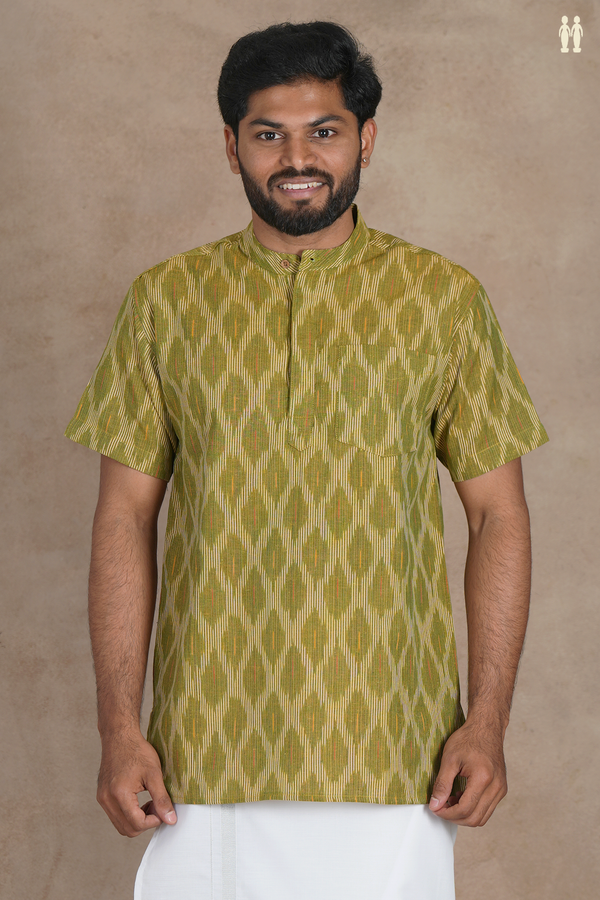 Chinese Collar Ogee Design Green Ikat Cotton Short Kurta