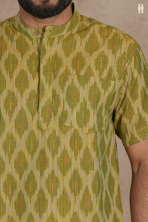 Chinese Collar Ogee Design Green Ikat Cotton Short Kurta