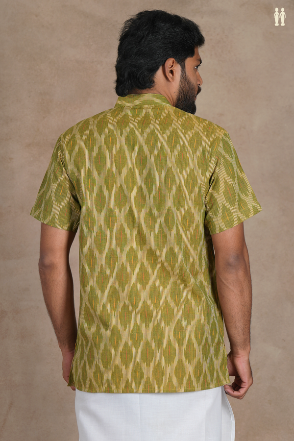 Chinese Collar Ogee Design Green Ikat Cotton Short Kurta