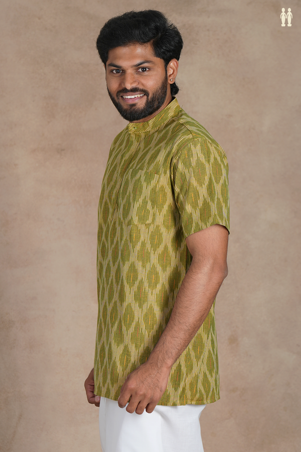 Chinese Collar Ogee Design Green Ikat Cotton Short Kurta