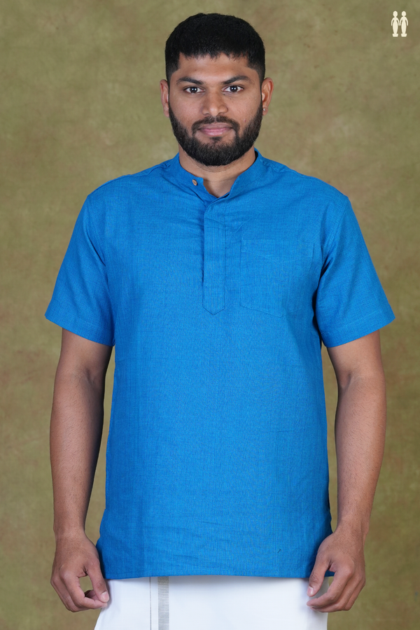 Chinese Collar Plain Cerulean Blue Cotton Short Kurta
