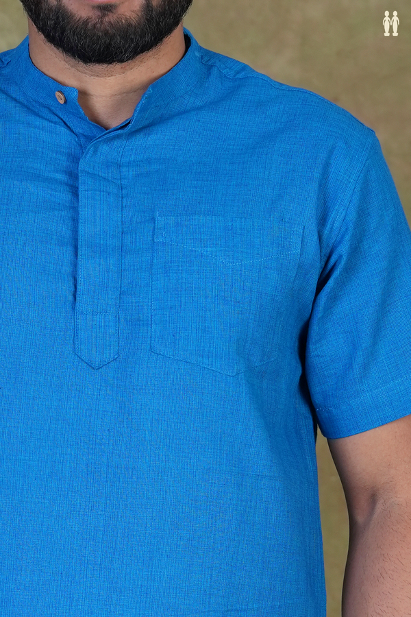 Chinese Collar Plain Cerulean Blue Cotton Short Kurta