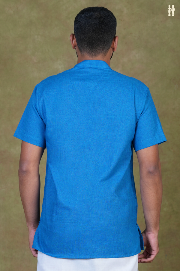 Chinese Collar Plain Cerulean Blue Cotton Short Kurta
