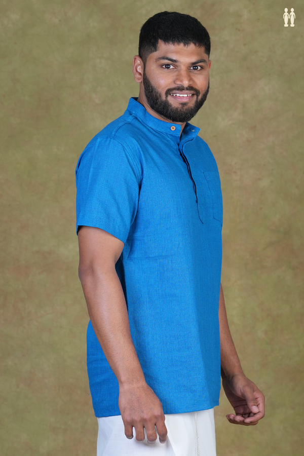 Chinese Collar Plain Cerulean Blue Cotton Short Kurta